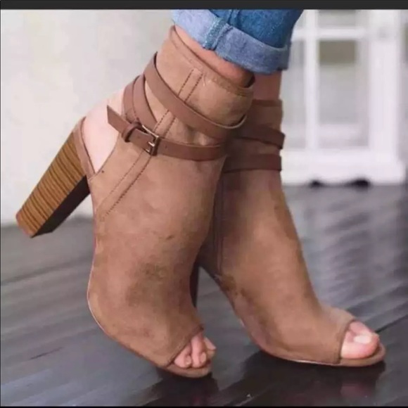 Shoes - Taupe Buckle Open Back Chunky Heel